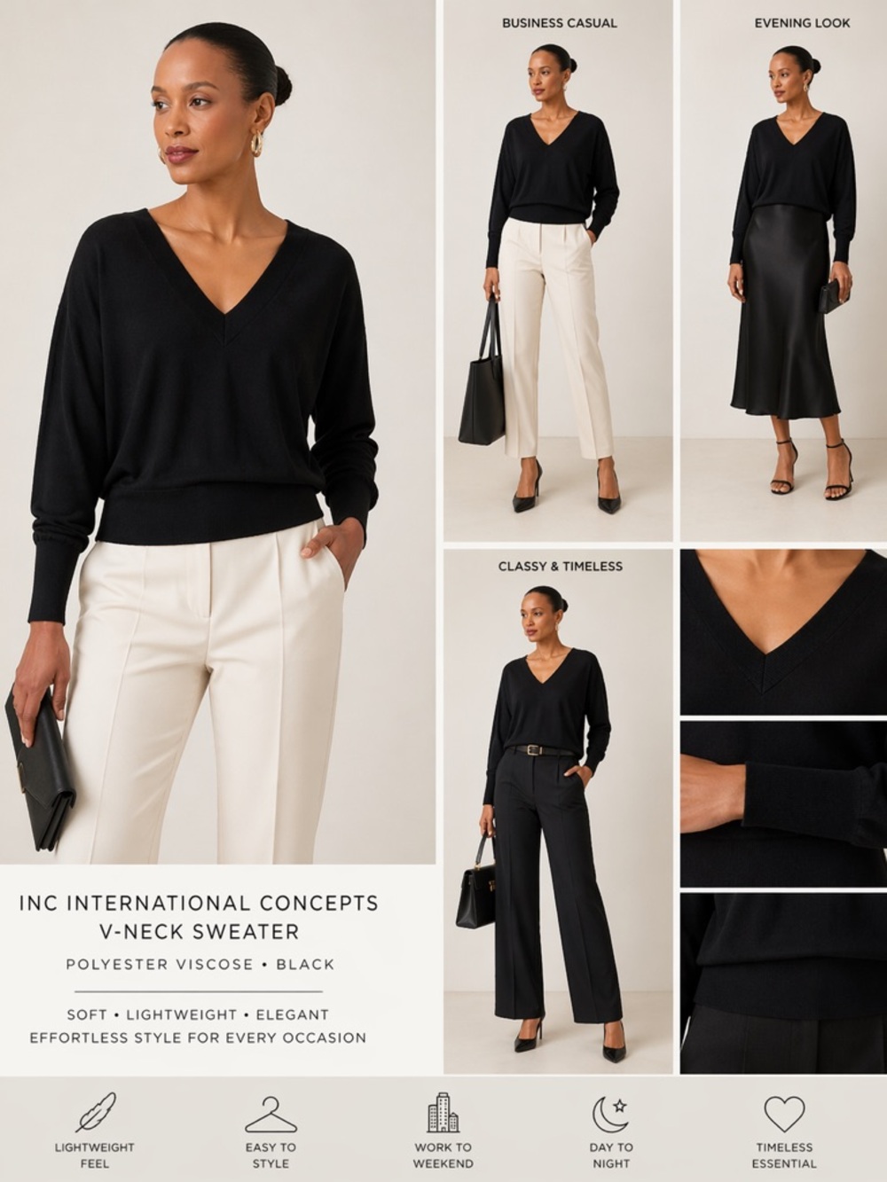 INC International Concepts Black V-Neck Pullover Sweater